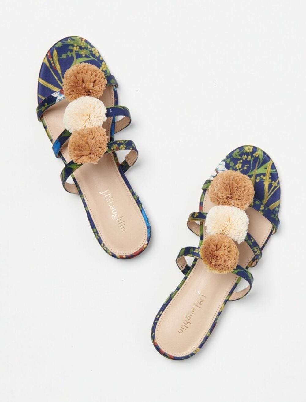 J.Mclaughlin NWOT‎ Mandy Sandal in Midnight Floral Raffia Pom Flats Botanical 7M